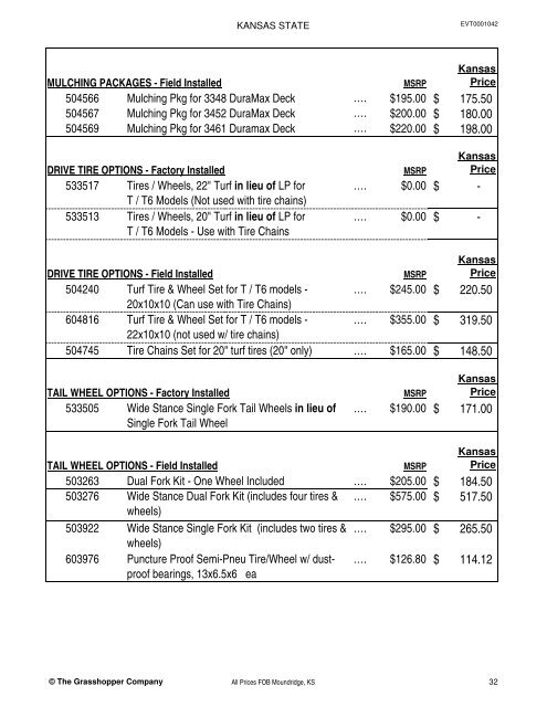 KANSAS STATE CONTRACT Price List for Grasshopper Mowers