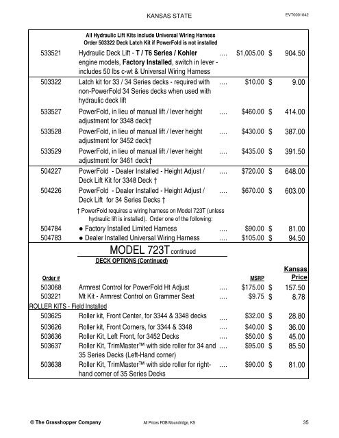 KANSAS STATE CONTRACT Price List for Grasshopper Mowers