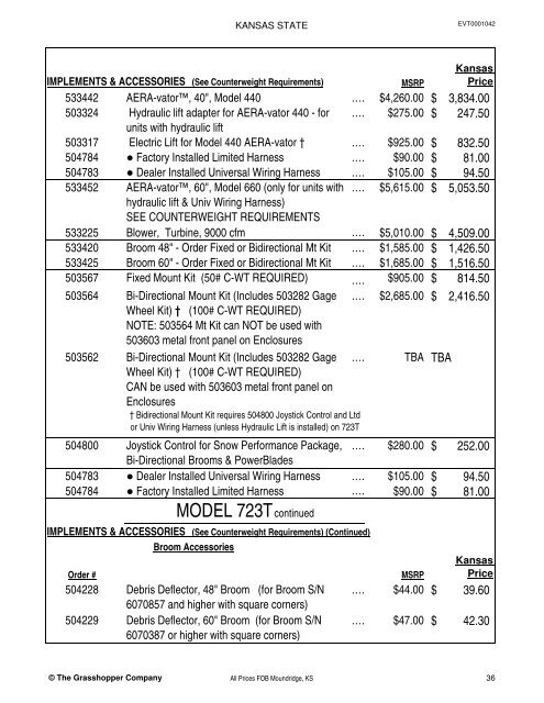 KANSAS STATE CONTRACT Price List for Grasshopper Mowers