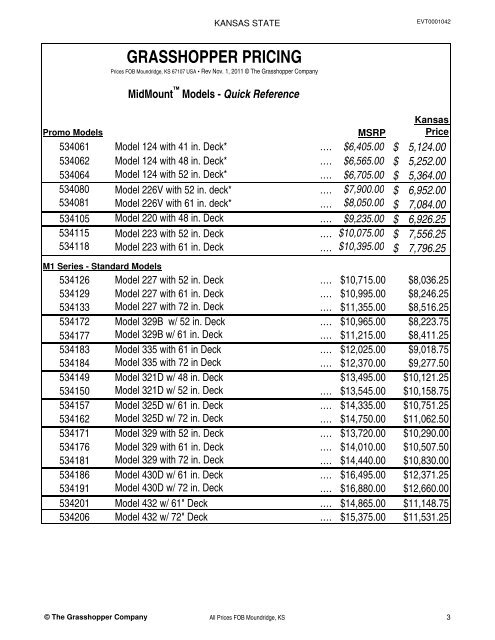 KANSAS STATE CONTRACT Price List for Grasshopper Mowers