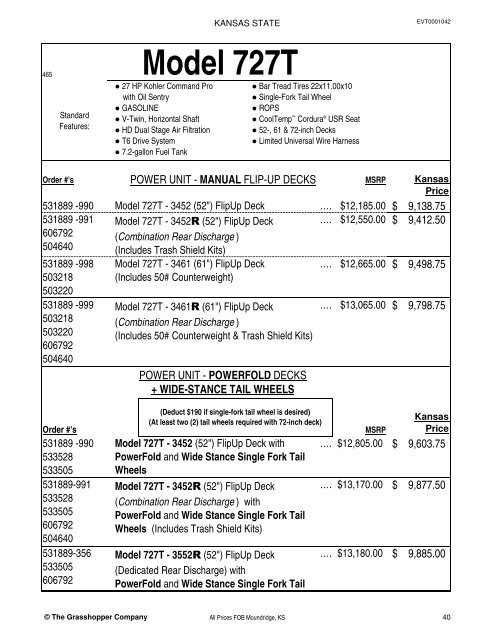 KANSAS STATE CONTRACT Price List for Grasshopper Mowers