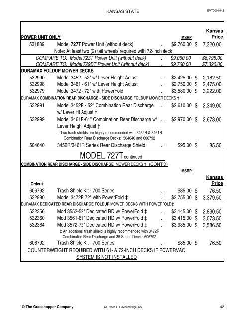 KANSAS STATE CONTRACT Price List for Grasshopper Mowers