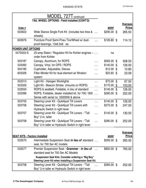 KANSAS STATE CONTRACT Price List for Grasshopper Mowers