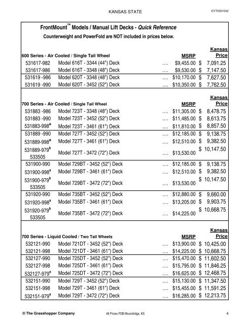 KANSAS STATE CONTRACT Price List for Grasshopper Mowers