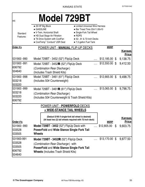 KANSAS STATE CONTRACT Price List for Grasshopper Mowers