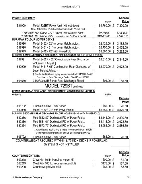 KANSAS STATE CONTRACT Price List for Grasshopper Mowers