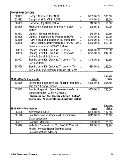 KANSAS STATE CONTRACT Price List for Grasshopper Mowers