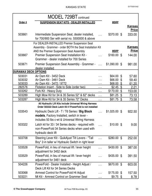 KANSAS STATE CONTRACT Price List for Grasshopper Mowers