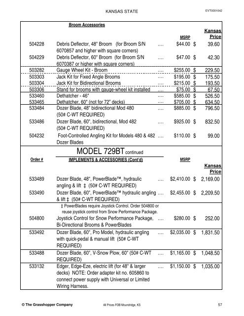 KANSAS STATE CONTRACT Price List for Grasshopper Mowers