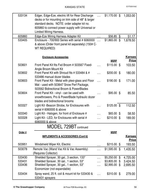 KANSAS STATE CONTRACT Price List for Grasshopper Mowers