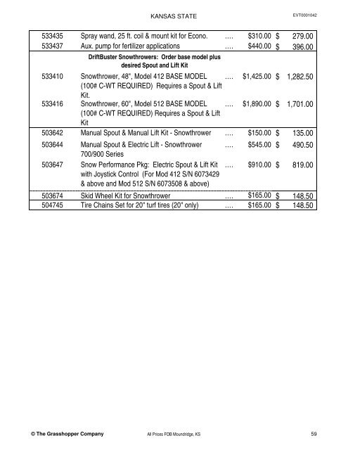 KANSAS STATE CONTRACT Price List for Grasshopper Mowers