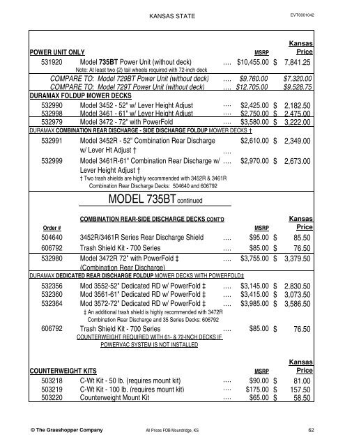 KANSAS STATE CONTRACT Price List for Grasshopper Mowers