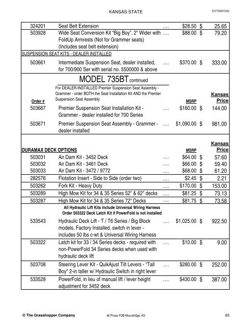 KANSAS STATE CONTRACT Price List for Grasshopper Mowers