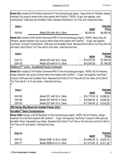 KANSAS STATE CONTRACT Price List for Grasshopper Mowers