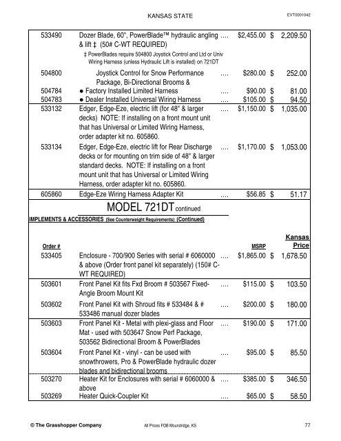 KANSAS STATE CONTRACT Price List for Grasshopper Mowers