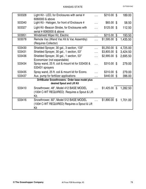 KANSAS STATE CONTRACT Price List for Grasshopper Mowers