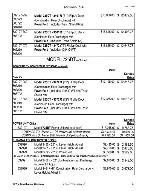 KANSAS STATE CONTRACT Price List for Grasshopper Mowers