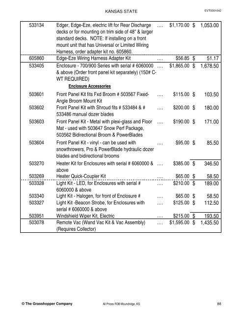 KANSAS STATE CONTRACT Price List for Grasshopper Mowers