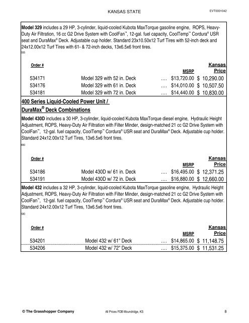 KANSAS STATE CONTRACT Price List for Grasshopper Mowers