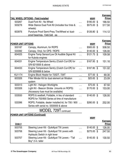 KANSAS STATE CONTRACT Price List for Grasshopper Mowers