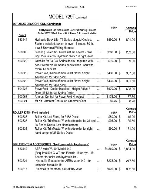 KANSAS STATE CONTRACT Price List for Grasshopper Mowers