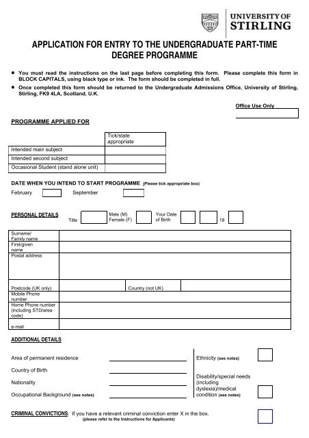 application for entry to the undergraduate part-time - University of ...