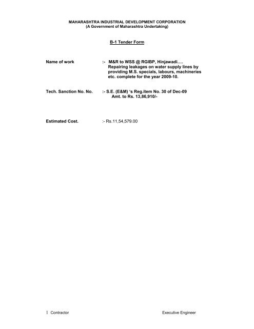 B-1 Tender Form Name of work - Maharashtra Industrial ...