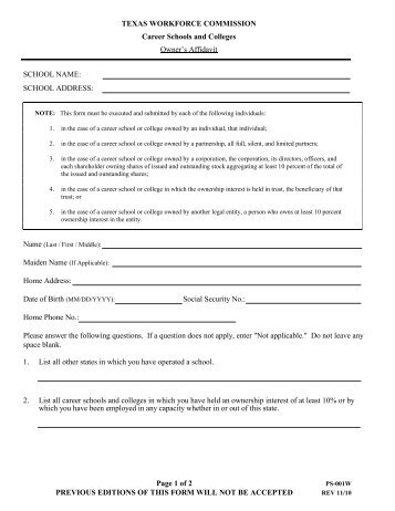 Form PS-001W: Owner's Affidavit - Texas Workforce Commission