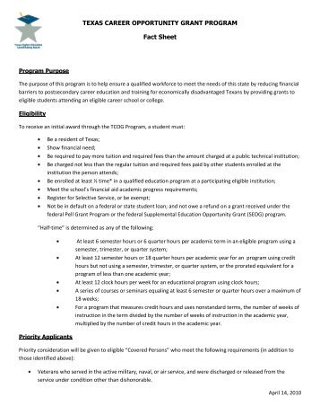 Texas Career Opportunity Grant Program Fact Sheet