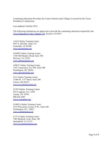 Institutions Listed are Approved to Provide the Continuing Education ...