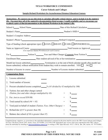 Form PS1040D: Sample Refund Worksheet for Asynchronous ...