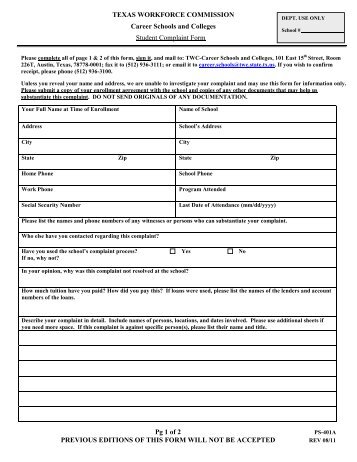 Student Complaint Record - Texas Workforce Commission