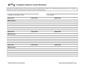 Unemployment Insurance Appeals Telephone Contact Worksheet