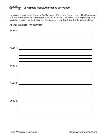 Unemployment Insurance Appeals Issues/Witnesses Worksheet