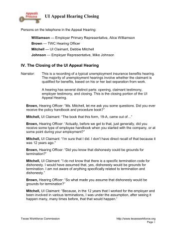 Unemployment Insurance Appeal Hearing Closing - Texas ...