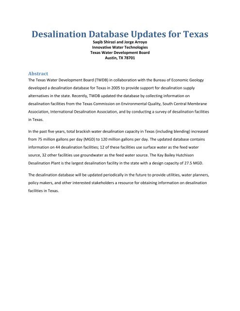 Desalination Database Updates for Texas - Texas Water ...