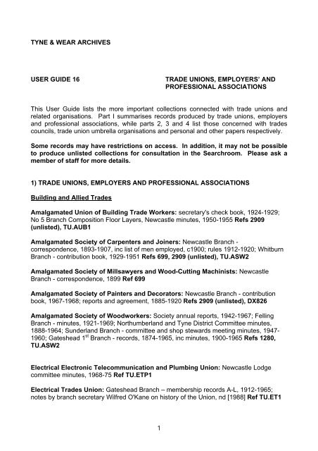 User Guide 16 Trade Unions Employers Tyne Wear Museums