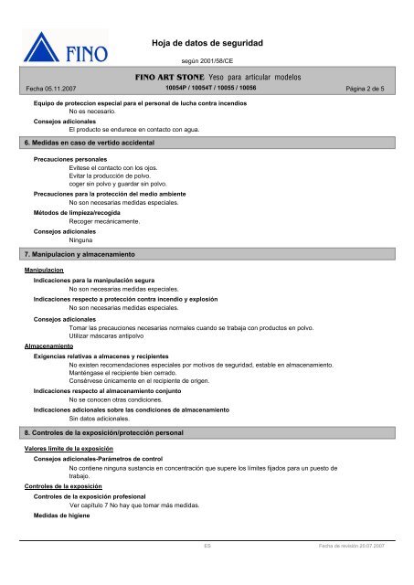 Hoja de datos de seguridad Yeso para articular modelos - FINO