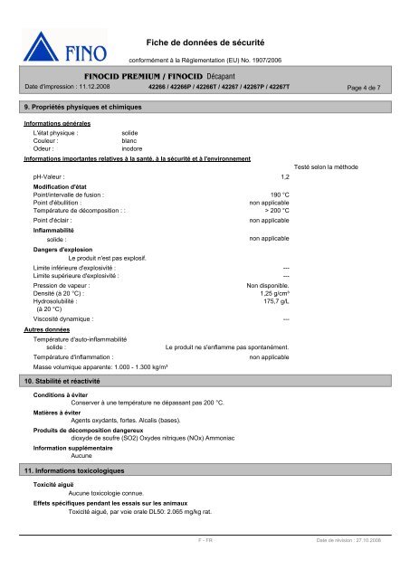 Fiche de données de sécurité Décapant - FINO