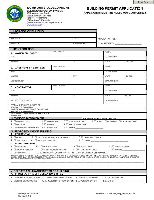 Building Permit Application West Bloomfield Township