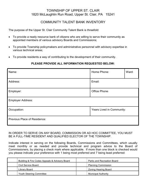 Talent Bank Example Talent Bank Form - Township of Upper St. Clair