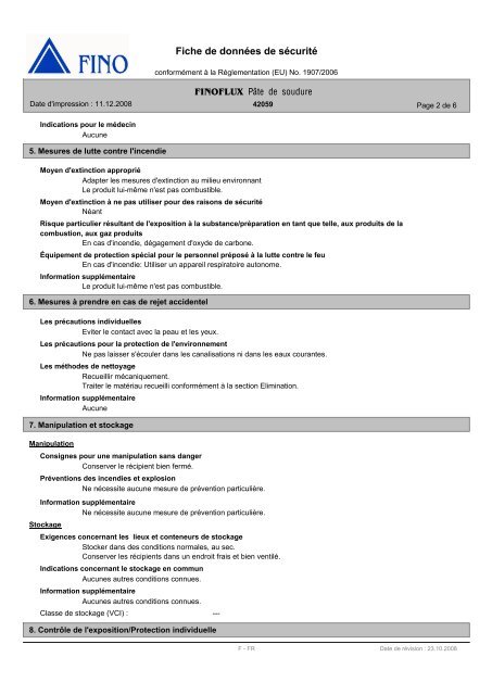 Fiche de données de sécurité Pâte de soudure - FINO