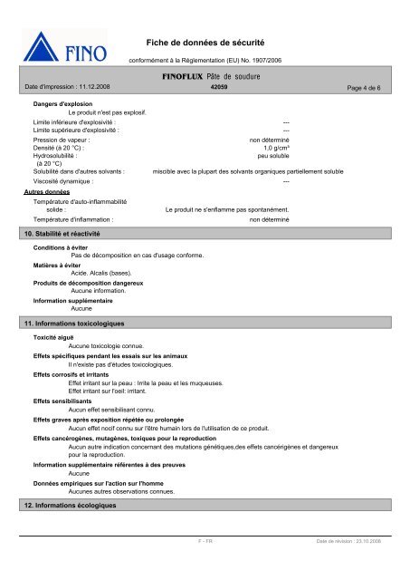 Fiche de données de sécurité Pâte de soudure - FINO