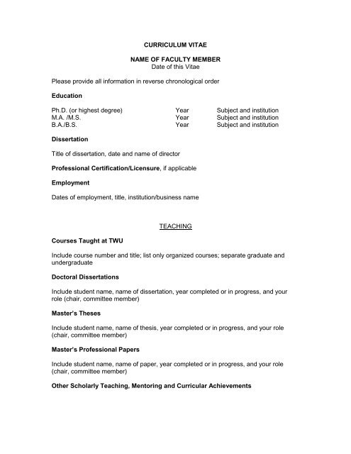 Format for Curriculum Vitae - Promotion & Tenure Portfolio