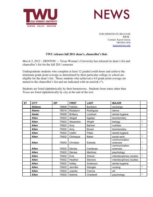 Download the fall 2011 dean's and chancellor's list.