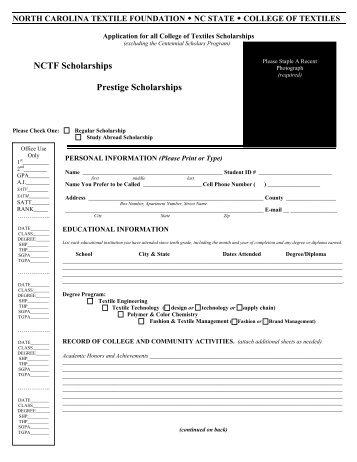 NCTF Scholarships Prestige Scholarships - College of Textiles