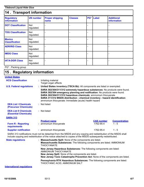 Download the MSDs - Titebond Glues and Adhesives