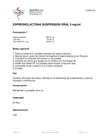 ESPIRONOLACTONA SUSPENSION ORAL 5 mg/ml - Fagron