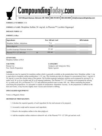 Morphine Sulfate 50−mg/mL in Pluronic™ Lecithin Organogel - Fagron