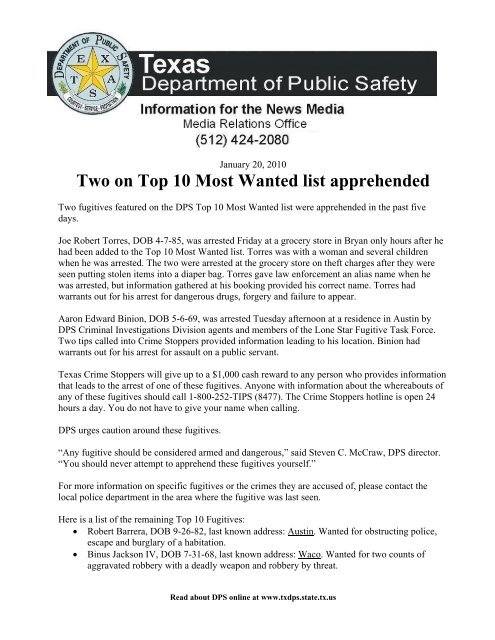 Two on Top 10 Most Wanted list apprehended - Texas Department ...